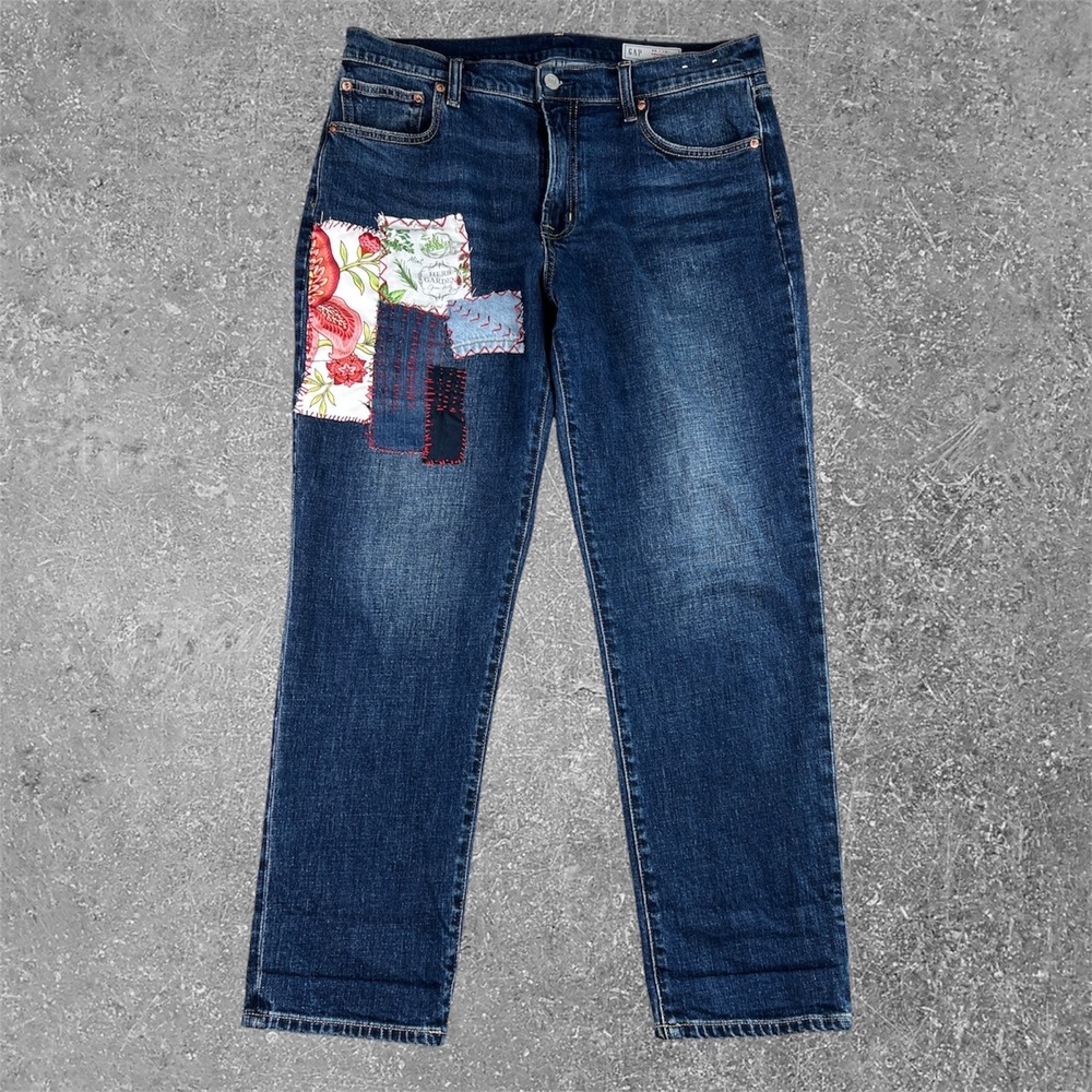 GAP Girlfriend Jeans Womens 10L 34x28 Patchwork Mid Rise Sashiko Floral Boho